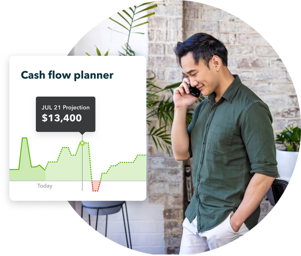 Accountant on a phone call, with a widget preview of QuickBooks Cash flow planner feature